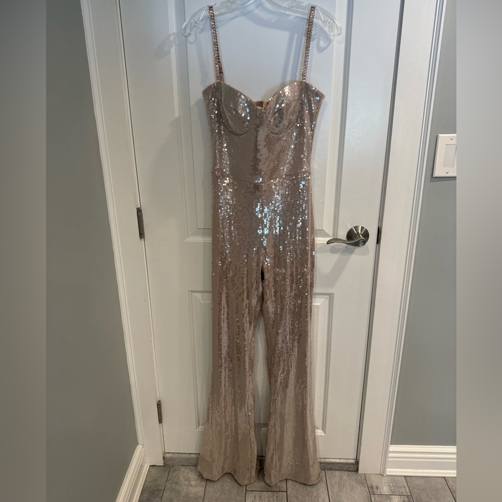 Nadine Merabi Lucinda Champaign Sequin Jumpsuit size 6 cocktail Party Prom - Picture 8 of 12
